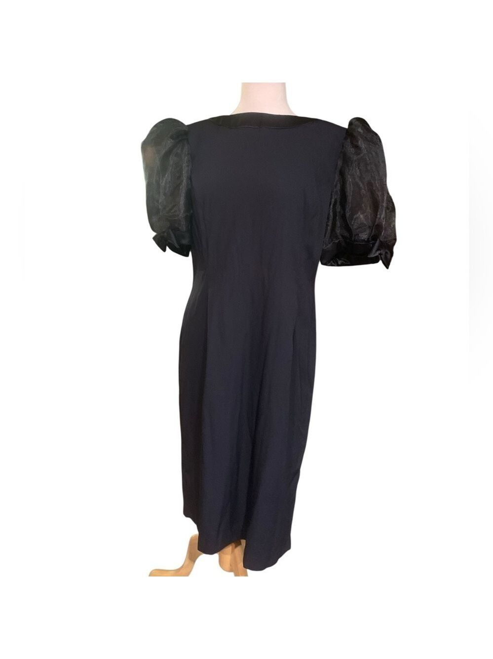 Vintage 90’s black keyhole back midi dress with sheer puff sleeves with bow sz14